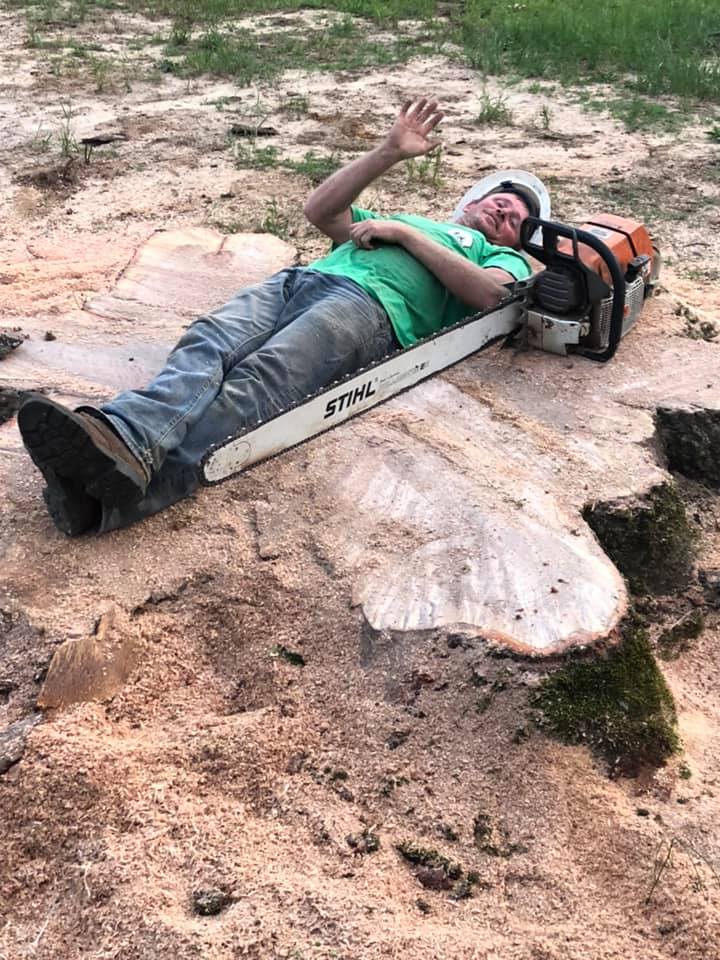 Worker laying on a tree stump next to a chain saw